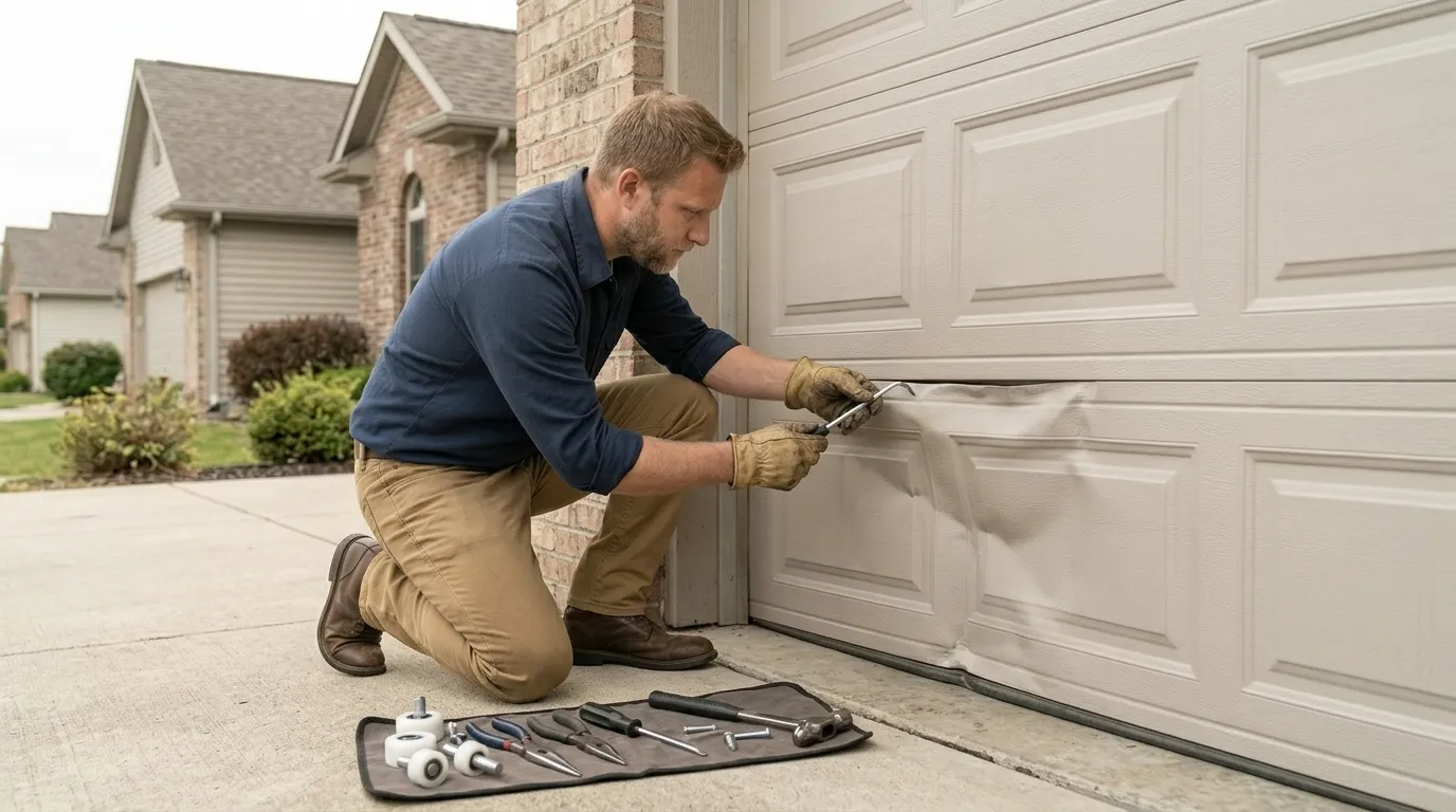 Garage door technician repairing a residential garage door in Vienna Virginia