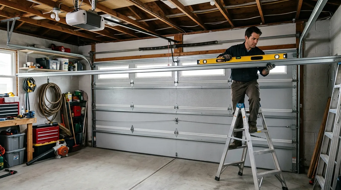 Garage door technician inspecting springs rollers tracks and opener in Vienna Virginia